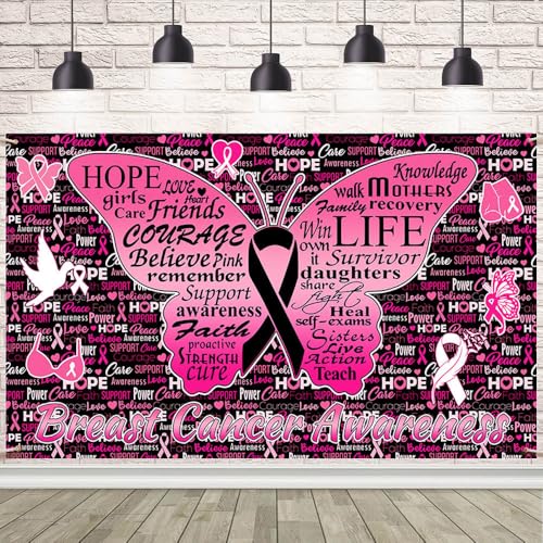 Breast Cancer Awareness Backdrop Banner Caring for Women's Health Pink Butterfiy Ribbon Hope Faith Strength Courage Sign for The People Care About Women 70.8 x 43.3 inch