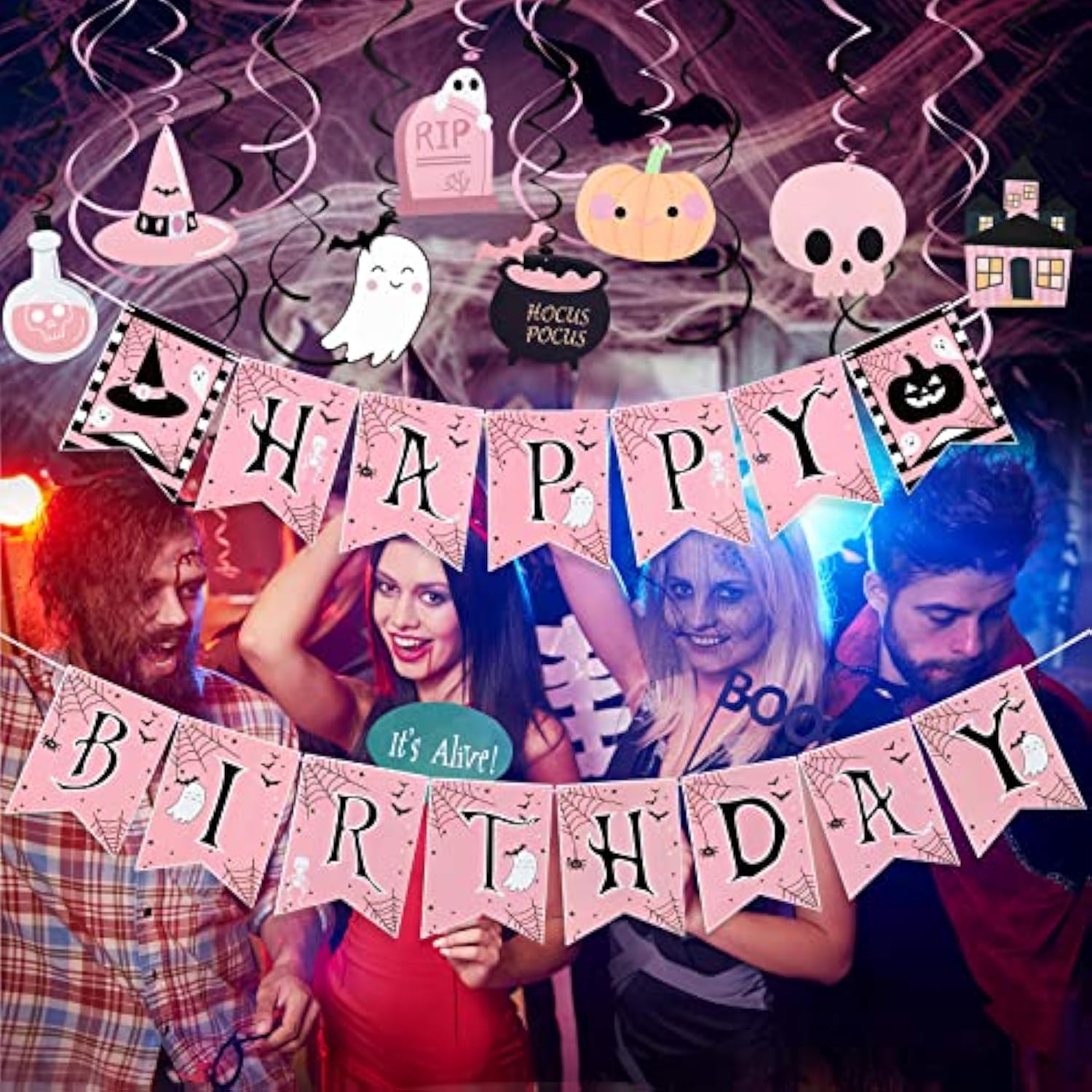 Pink Happy Birthday Halloween Banner with Hanging Swirls for Girls Party Decorations