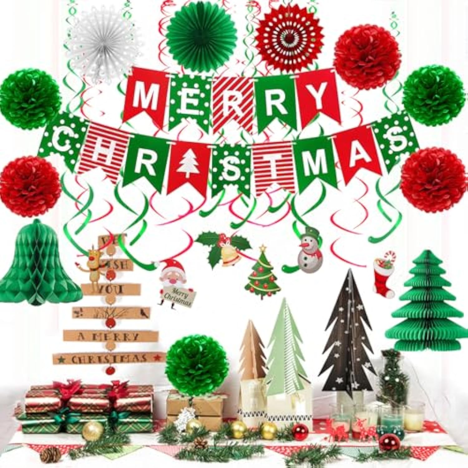 Merry Christmas Hanging Paper Banner Pom Poms Paper Flower Fan Swirl Streamers&Christmas Tree Santa Claus Banner For Merry Christmas Party Decorations