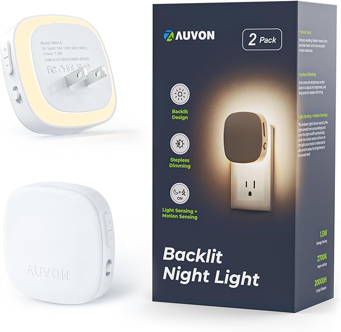 2 Pack Plug In LED Night Lights Motion Sensor Dusk to Dawn Dimmable Warm White