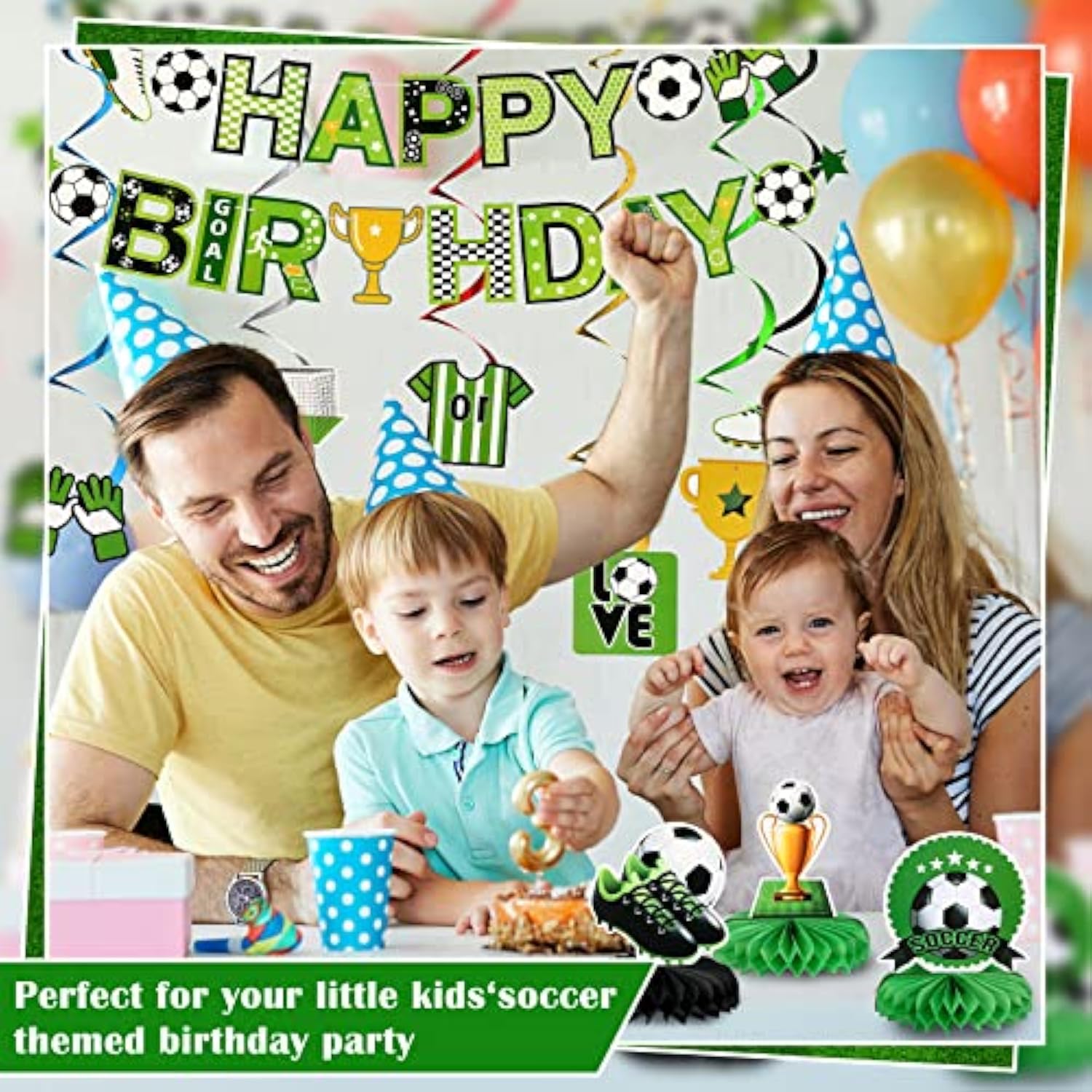 16 Pcs Soccer Birthday Party Decorations Include Soccer Happy Birthday Banner, Table Centerpieces, Paper Cutouts, Hanging Swirl For Boys Sports Football Party Decor