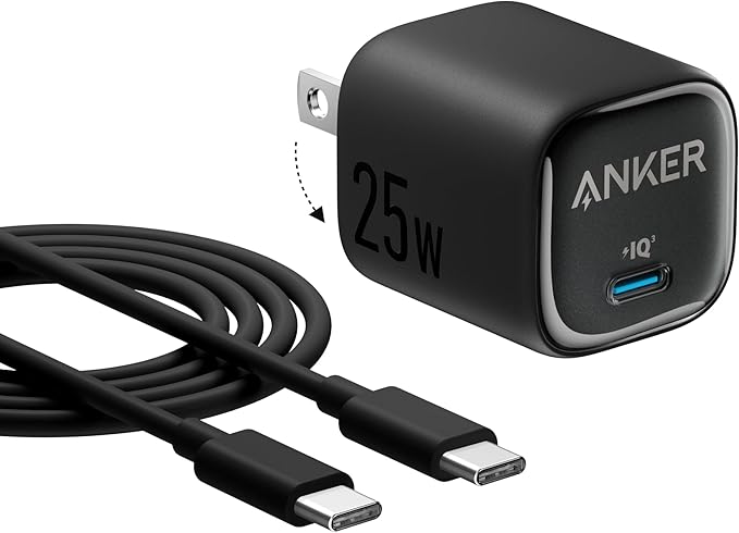 25W USB C Charger Block Fast Charging Foldable Type C Wall Charger with USB C Cable for iPhone 17 16 Samsung Galaxy iPad Black