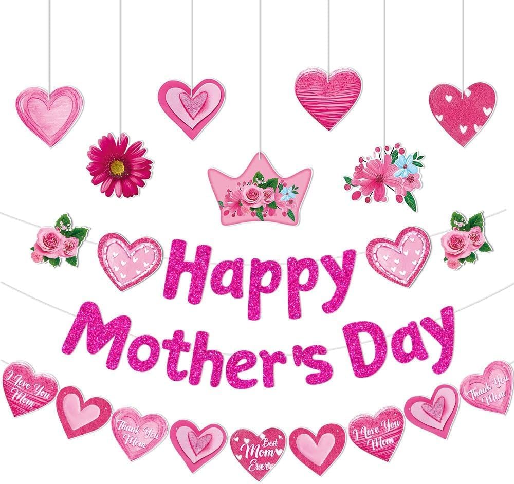 Happy Mother's Day Banner Set Decoration for Mother's Day Party Decorations Backdrop Garland for Mom Mother's Day Glitter Garland Photo Props (3 pcs) (Pink Thank You MOM)