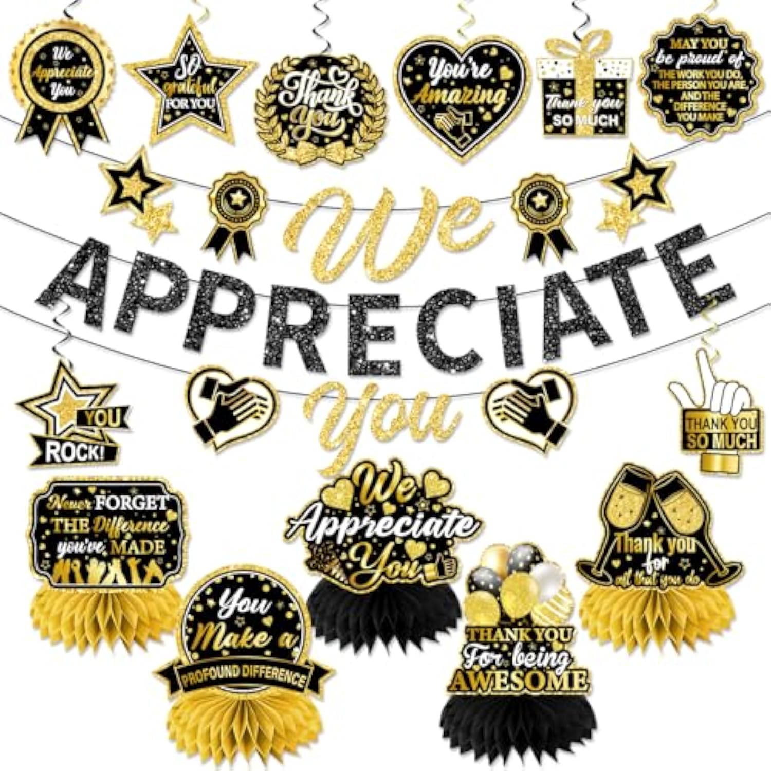We Appreciate You Decorations, Black Gold Thank You Decorations Includes We Appreciate You Banner And Employee Appreciation Table Decorations And Hanging Swirls For Pastor Appreciation Decorations