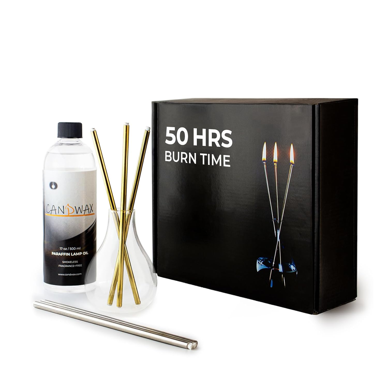 Refillable Candle - Everlasting Glass Oil Candle Gift Set With Lamp Oil Bottle 17Oz, Funnel And 2 Sets Of Metal Wicks Gold And Silver - Ideal As Decorative Candles
