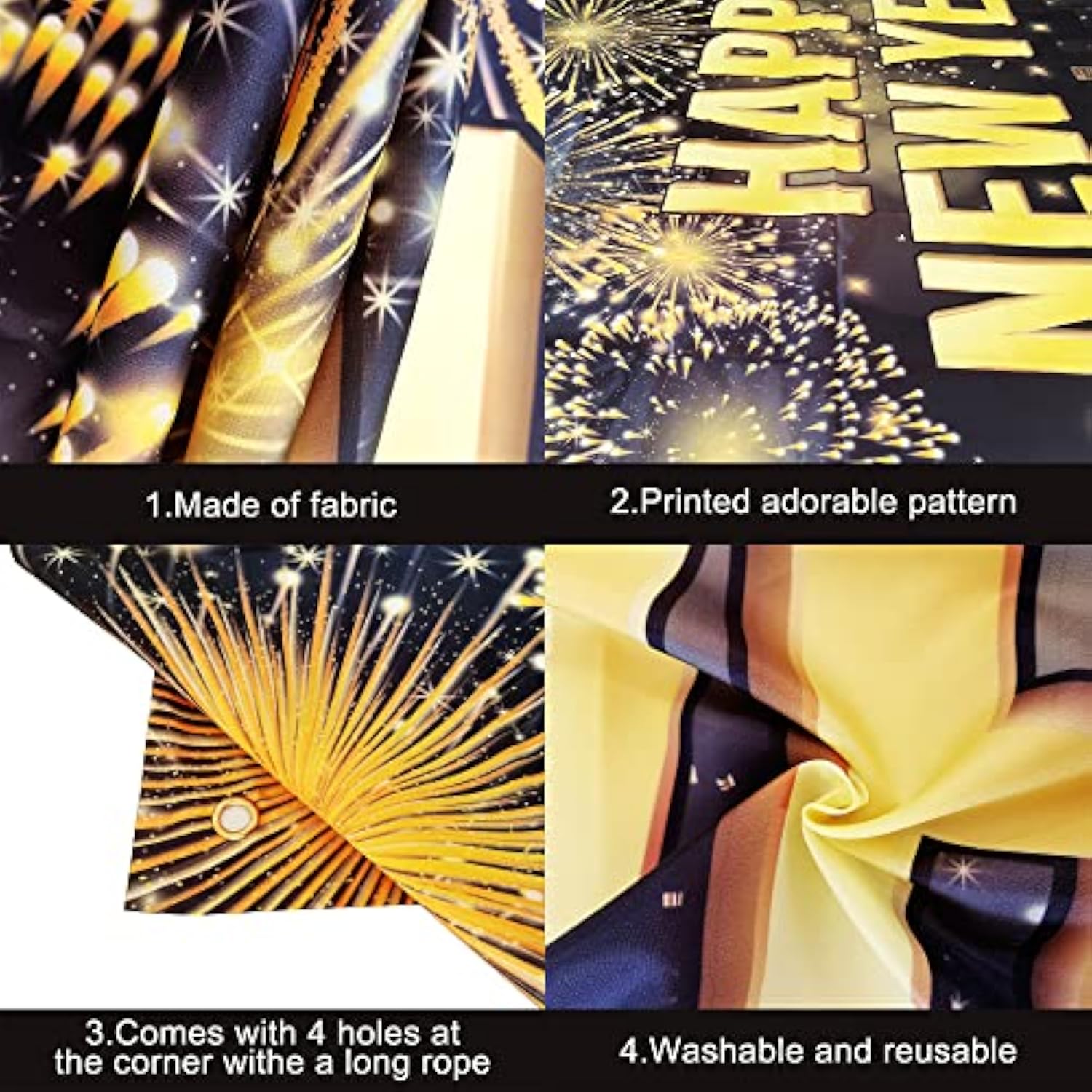 XL Happy New Year Banner 72x44 Inch 2026 Party Backdrop