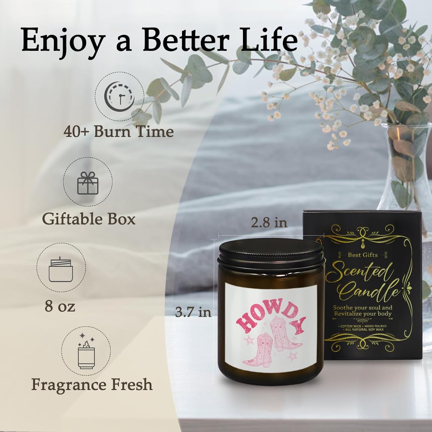 Pink Western Cowgirls Gifts For Girls Women, Trendy Preppy Howdy Cowgirl Boots Candle, Pink Christmas Birthday Gifts For Teen Girls, Cedar Fragrance Scented Candles, 8 Oz