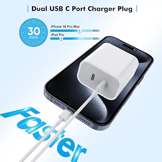 2 Pack Dual Port USB C Fast Charger with 6FT USB C Cable for iPhone 17 16 15 iPad Wall Charger