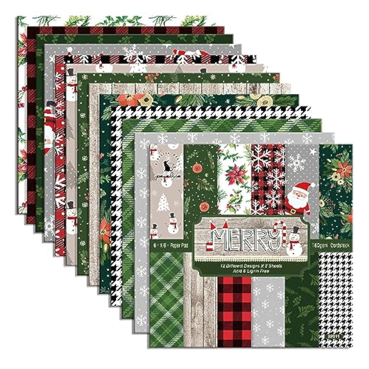 Christmas Pattern Scrapbook Paper, 6 Inch Card Production Supplies, 24 Sheets Single Sided Acid-Free Cardstock Greeting Card, Handmade Gift Journaling Craft Kits (C-Style)