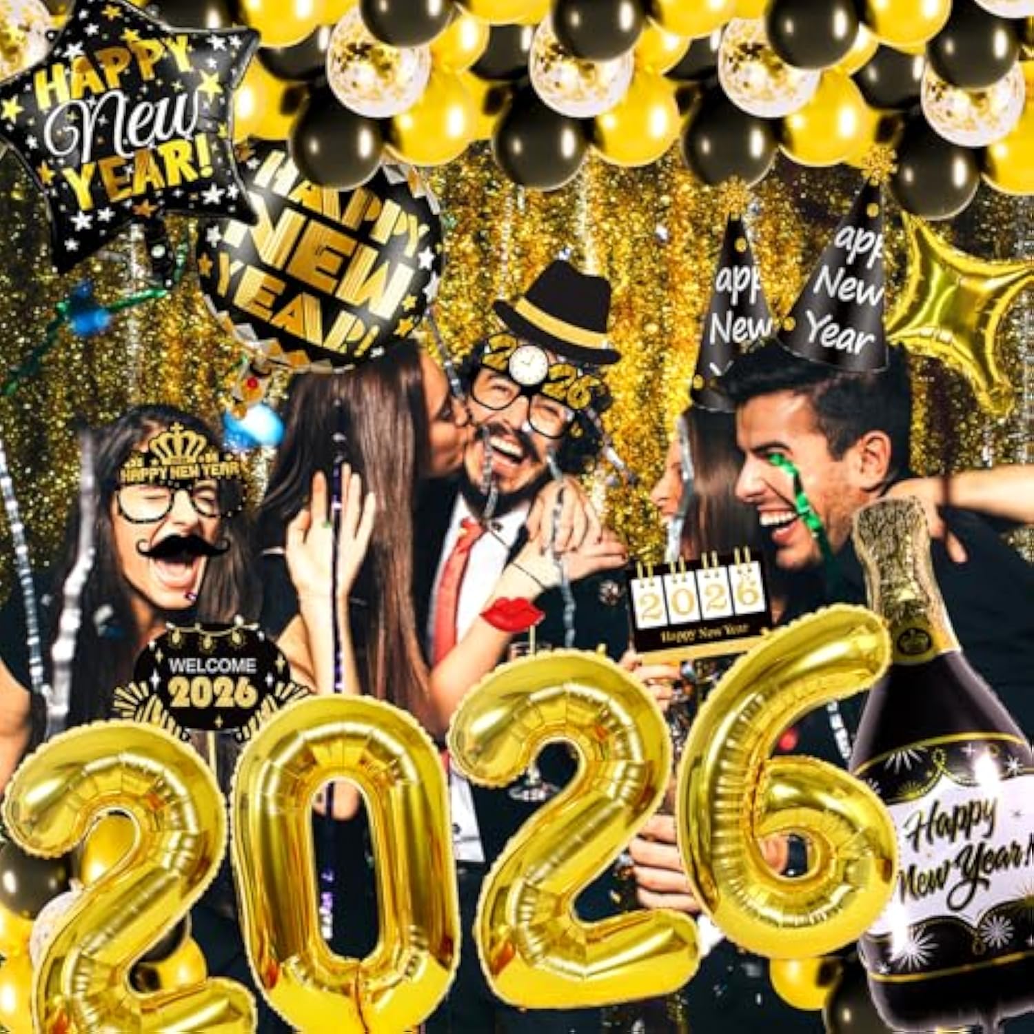 New Year 2026 Party Kit Balloons Hats Glasses Banner Photo Props Decorations