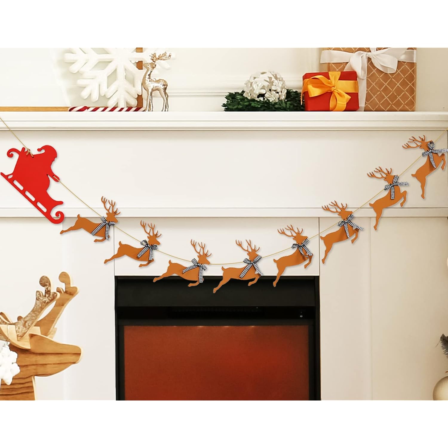 Wooden Christmas Banner Santa Sleigh And Reindeer Wood Banner Pre-Assembled Rustic Bunting Garland Sign Celebration Hanging Decorations For Xmas Party Supplies Home Decoration