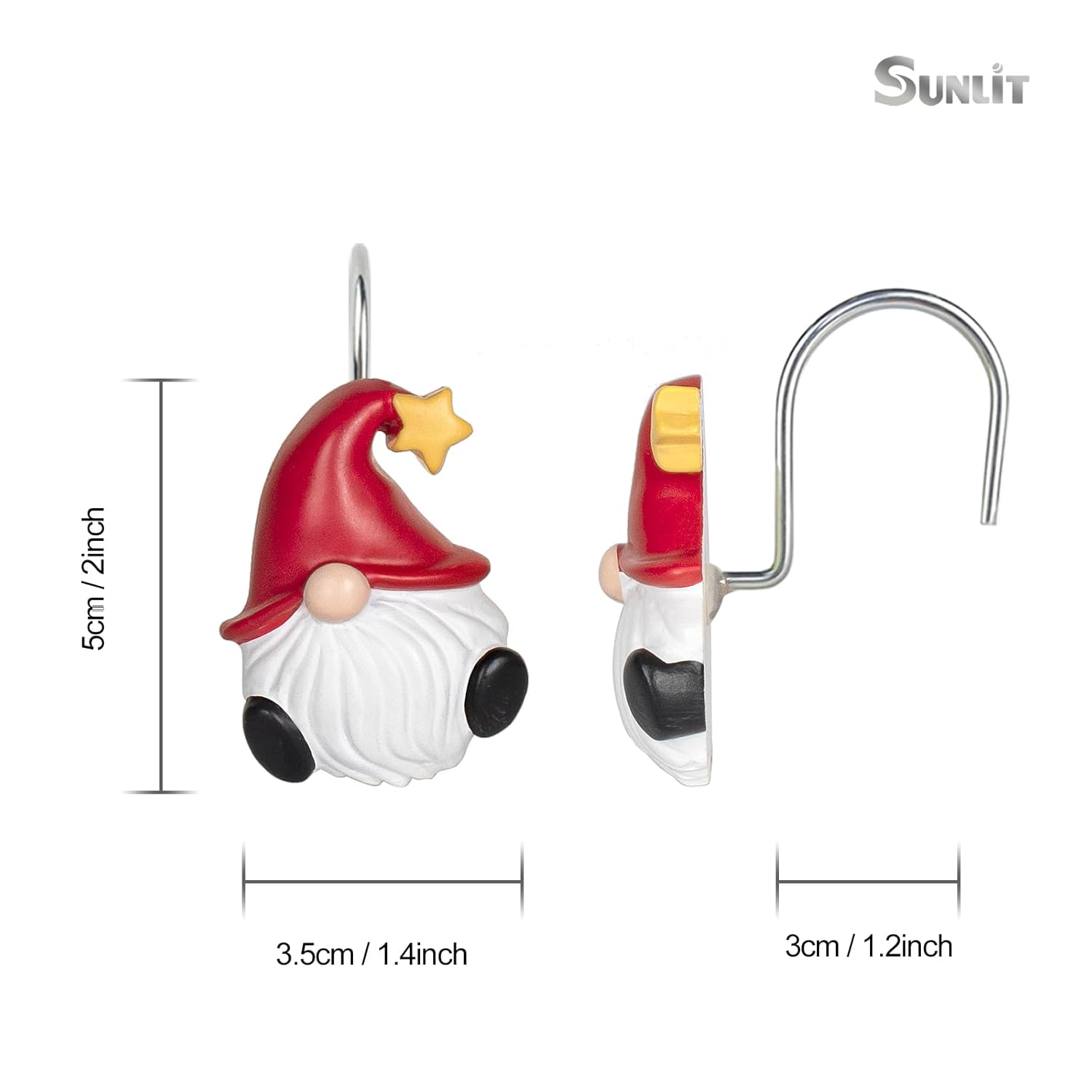 Christmas Shower Curtain Hooks, Gnome Shower Curtain Rings, Hand Painted Resin Christmas Decor, Winter Bathroom Decoration, Red Hat With Yellow Star, Set Of 12
