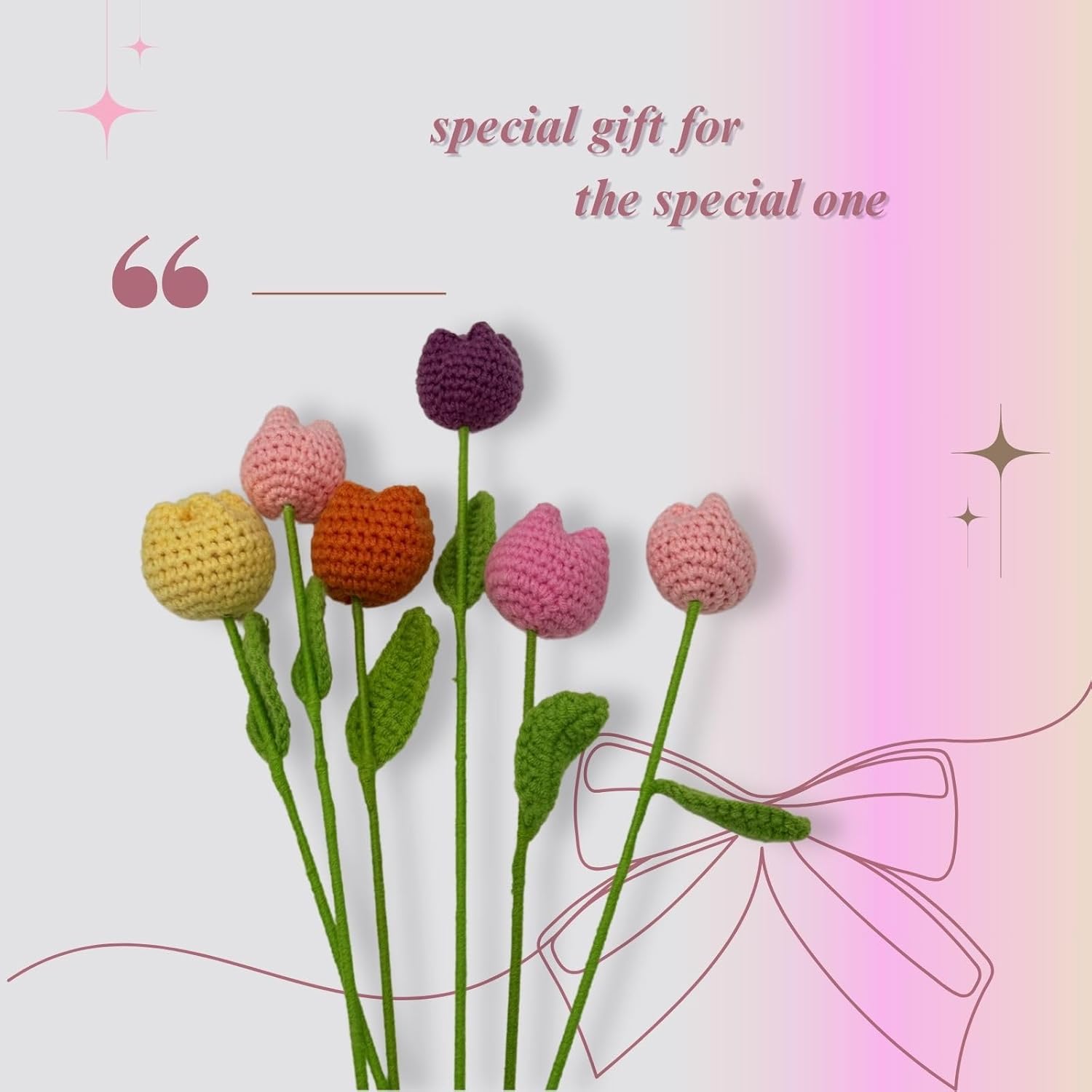 Sufeasdf 6 Pcs Hand-Made Crocheted Flower Bouquets,Vibrant Knitted Flowers, Mini Flower Arrangement For Home Decor, For Birthdays & Holidays (Tulip)
