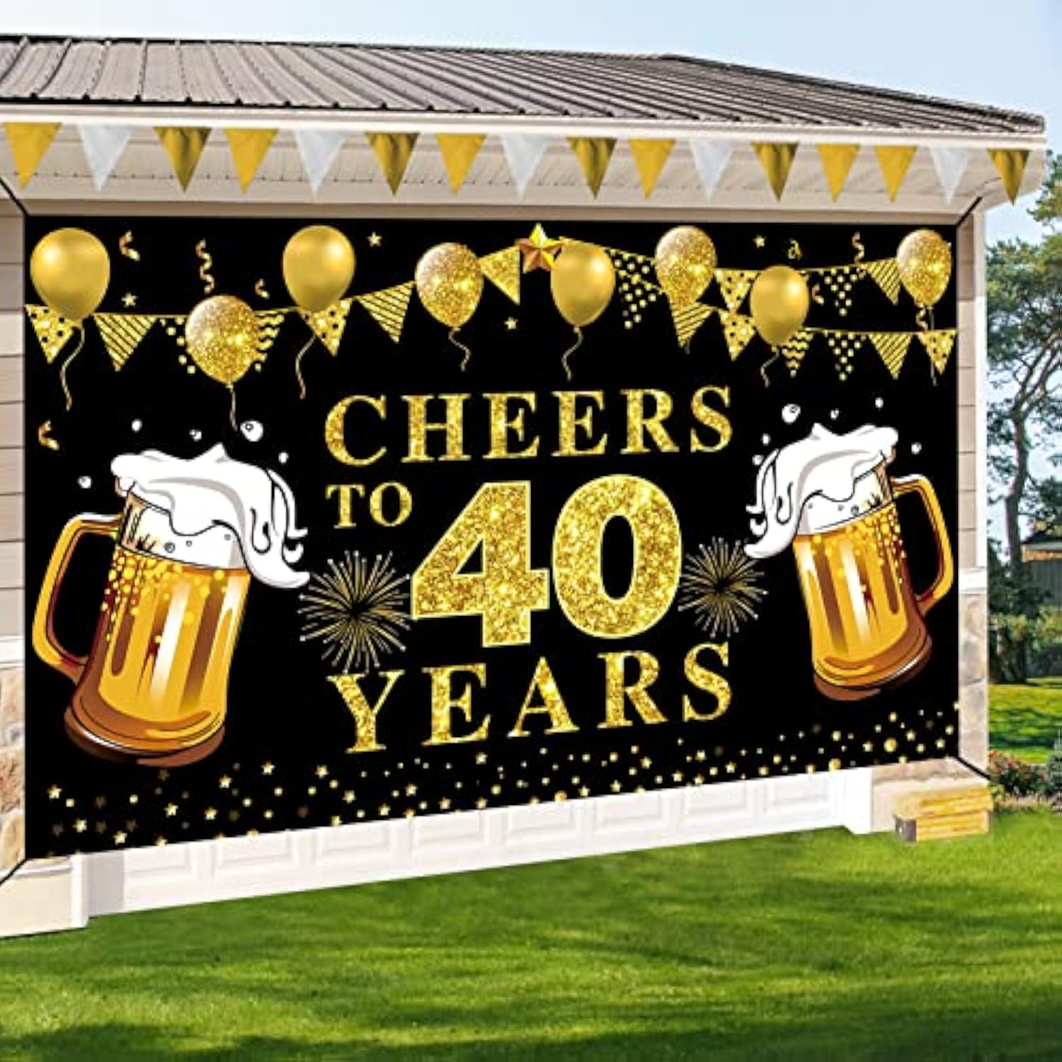 Cheers to 40 Years Backdrop: Black & Gold Anniversary Banner (72.8"x43.3")