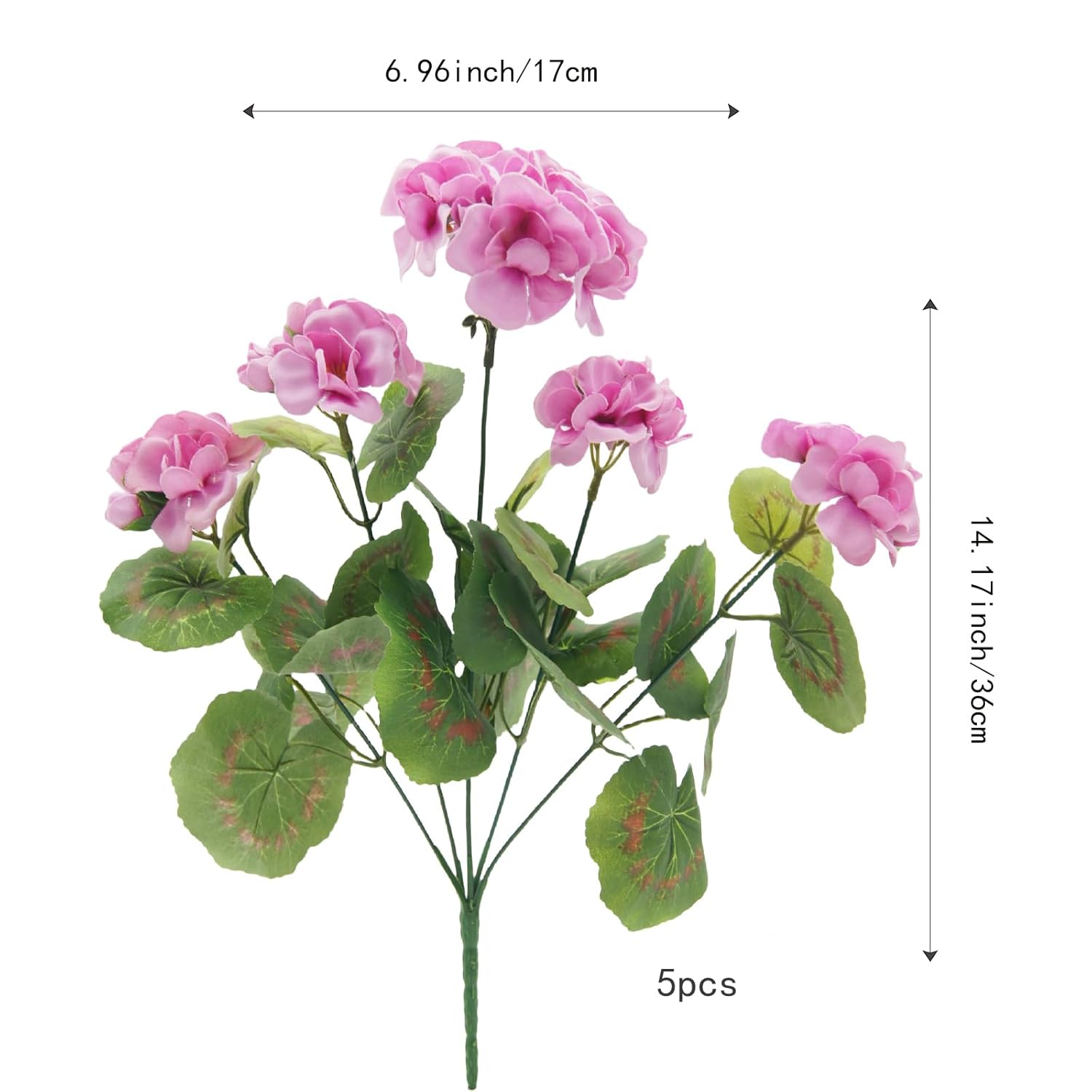 5Pcs Artificial Geranium Silk Flowers For Outdoors Uv Resistant Bush Faux Flowers For Floral Home Decor Garden Patio Windowbox Grave Cemetary Vase Table Centerpiece(Purplepink)