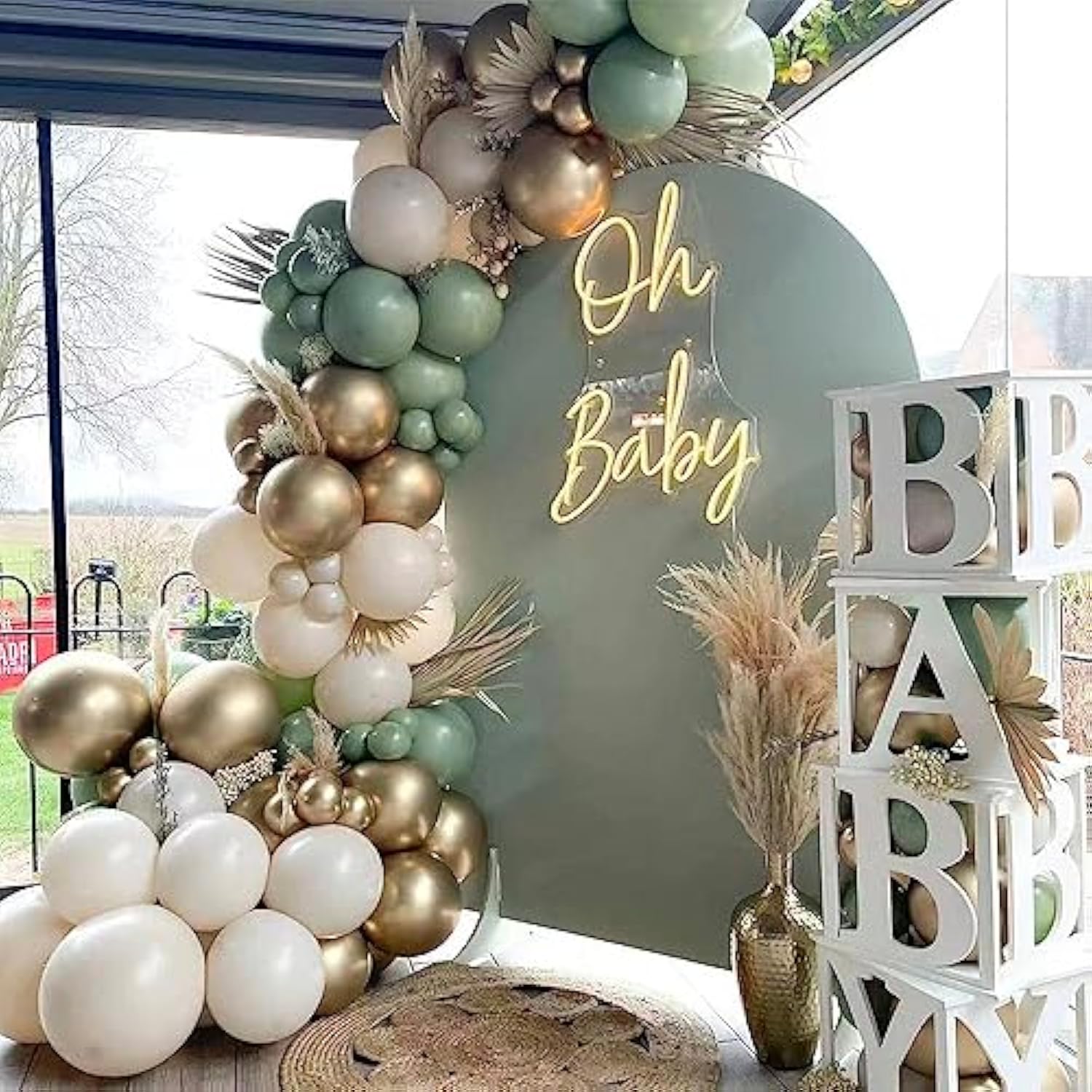 Sage Green Balloon Garland Arch Kit 153Pcs Sand White Chrome Metallic Gold Avocado Olive Boho Pastel Balloons For Baby Shower Birthday Wedding Jungle Safari Party Decorations
