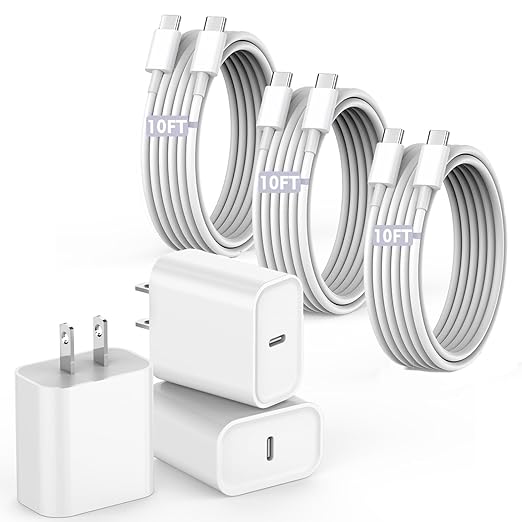 3 Pack USB C Fast Charger with 10FT USB C to USB C Cable for iPhone 17 16e 15 iPad