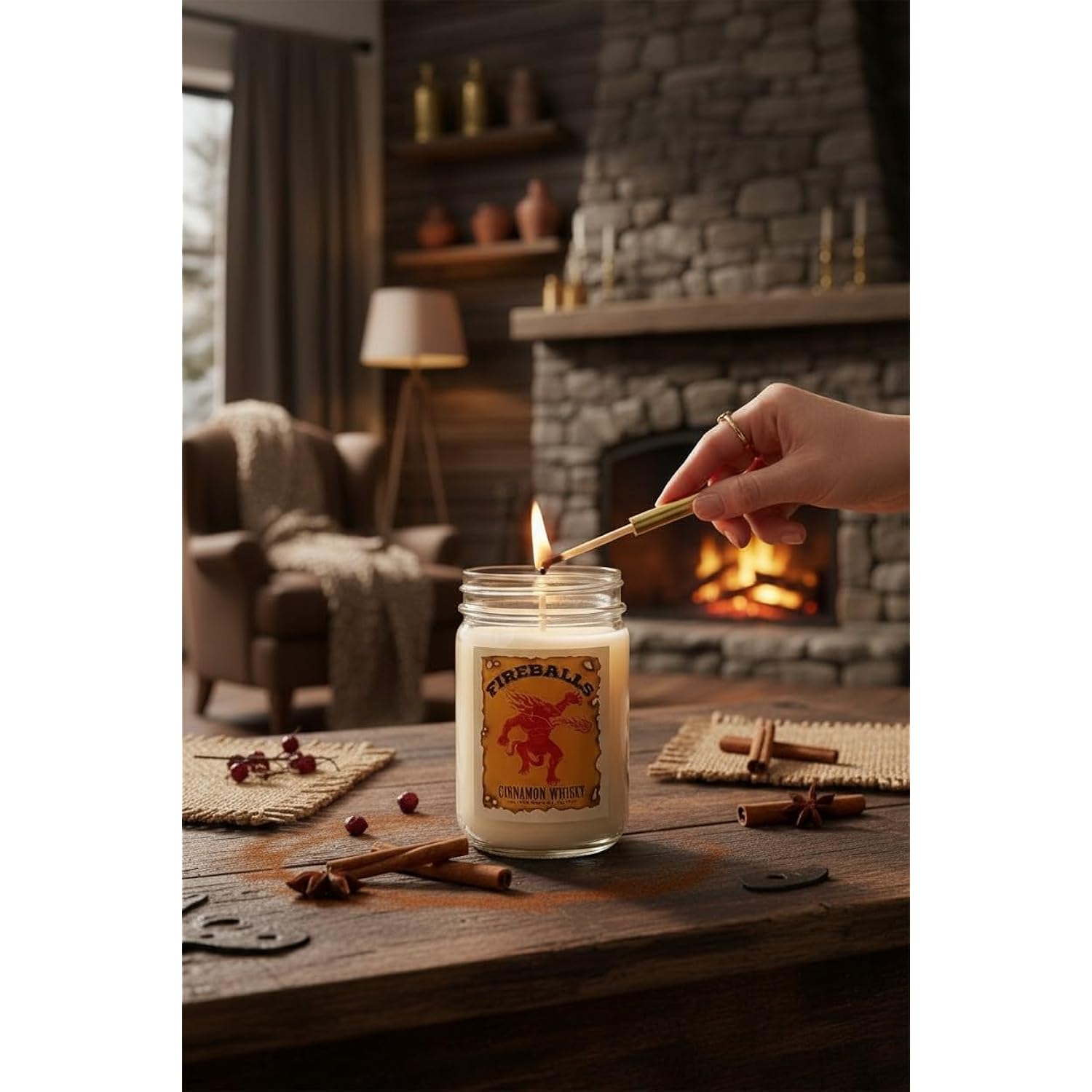 Fireballs Cinnamon Whisky Candle ~ A Candle With Nuts All Natural Premium Soy Wax ~ Red Hot Cinnamon Whiskey ~ Highly Scented (12Oz Jar)
