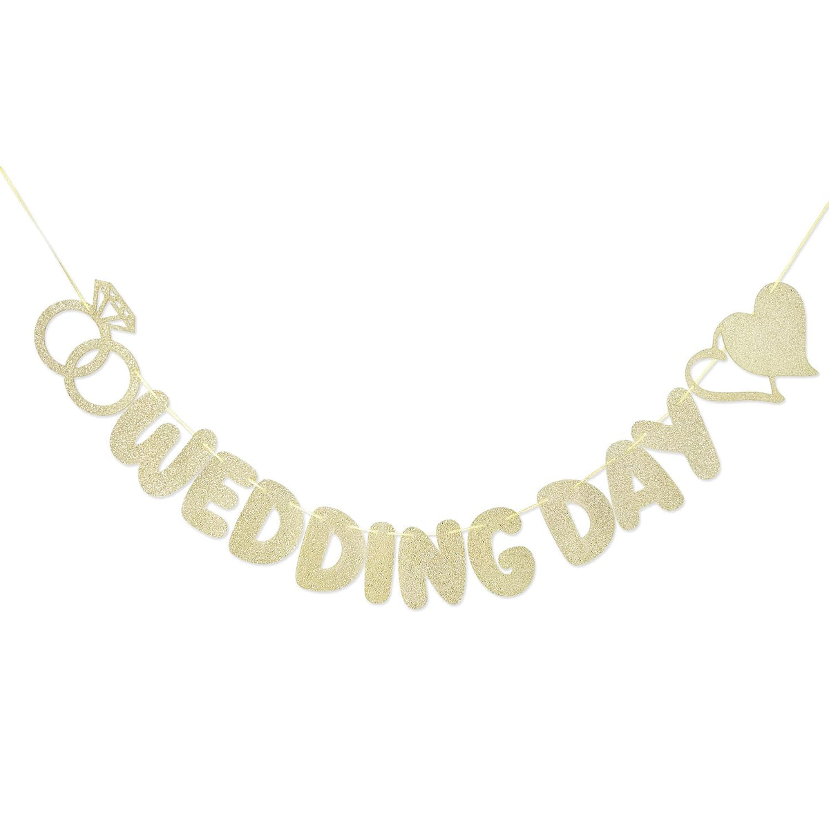 Wedding Day Banner, Champagne Gold Glitter Wedding Banner with Hearts & Diamond Ring Shapes, Wedding Reception Decoration for Anniversary, Ceremony, Bridal Shower & Engagement Party