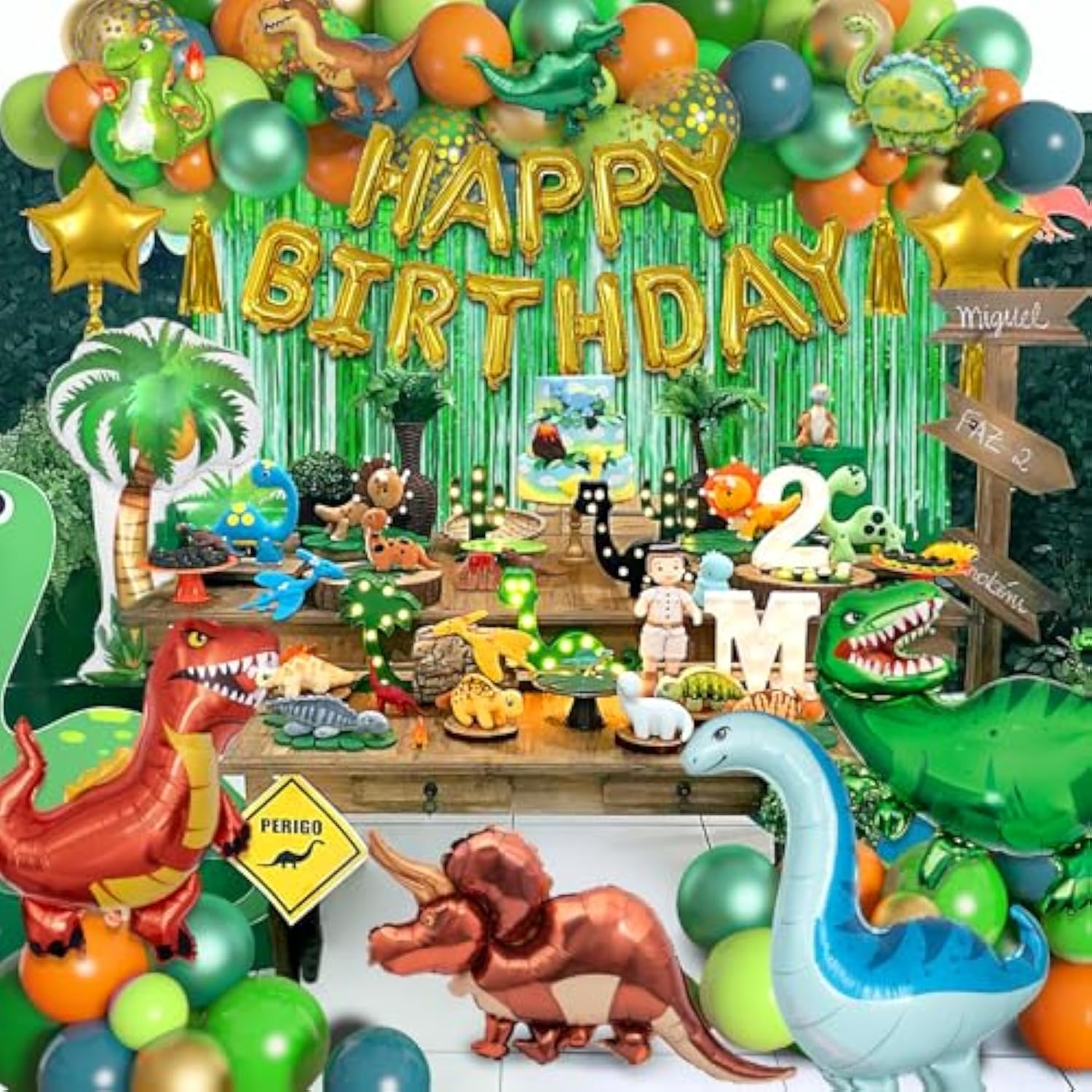 Dinosaur Birthday Party Decorations Supplies, 125Pcs Dinosaur Green Orange Blue Balloons Garland Arch Kit Happy Birthday Dino Foil Balloon Curtain For Kids Boys Dino Jungle Safari Baby Shower Party