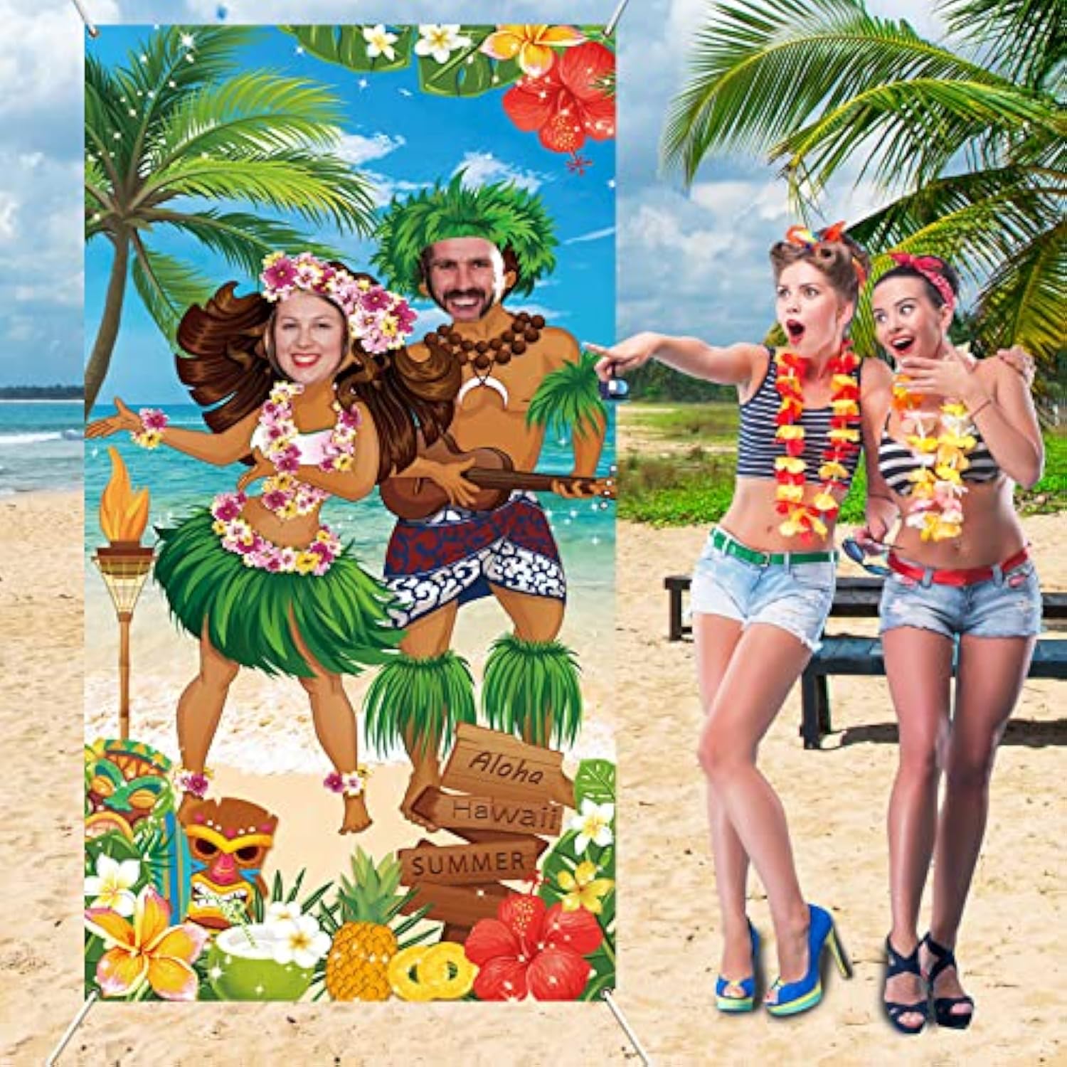Hawaiian Luau Party Decorations, Luau Couple Photo Door Banner, Tiki Luau Photo Props For Beach Party Tiki Banner Background Photography For Tropical Themed Decoration
