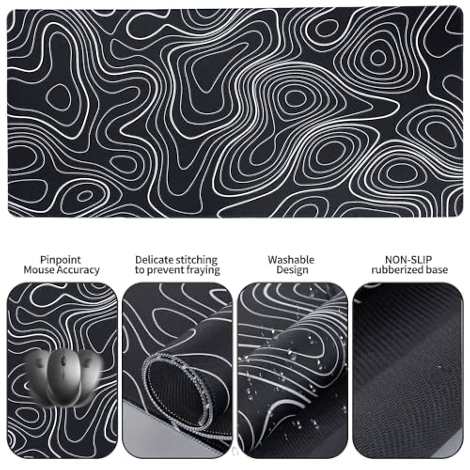 Large Gaming Mouse Pad Xl Desk Mat, 4-In-1 Mouse Pad With Wrist Rest, Large Desk Pad, Keyboard Pad For Office/Home-Black And White Topography (31.5 X 15.7 X 0.12 Inches)