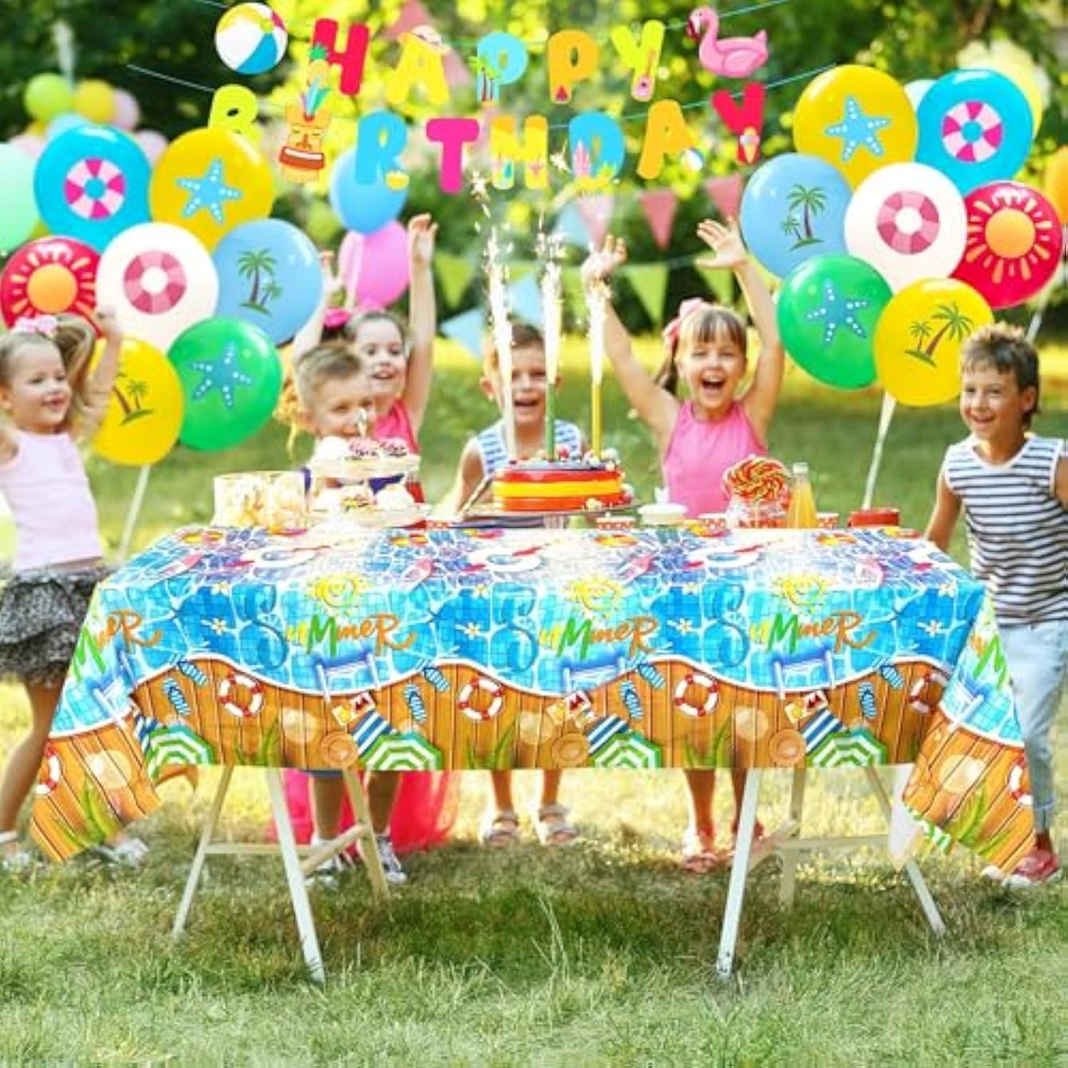 Summer Pool Party Decorations Beach Theme Banner, Tablecloth, & Balloons