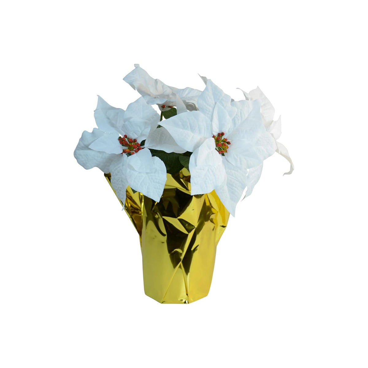 Artificial White Poinsettia Plant In Gold Foil Base, 15 Inch Height, 5 Blooms, Christmas Decoration