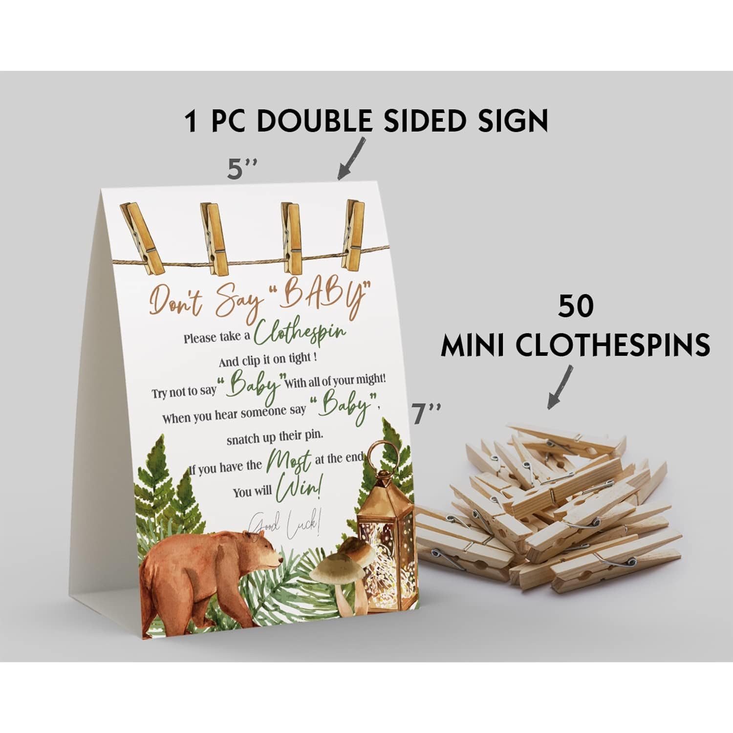 Don'T Say Baby Sign, Baby Shower Clothespin Game, Includes A 5X7 Standing Sign And 50 Mini Natural Clothespins - 040