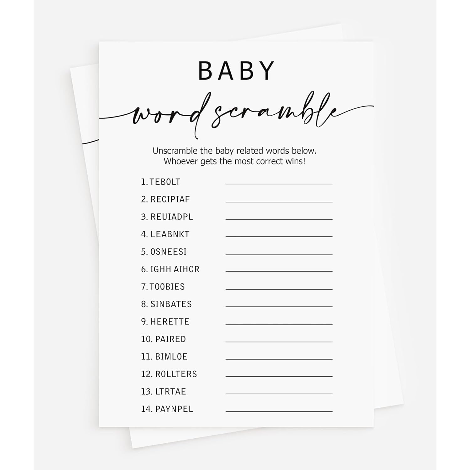 50 Baby Shower Word Scramble Game (50-Cards) Fun Baby Shower Game Activity, Gender Neutral Boy Or Girl, Minimalist