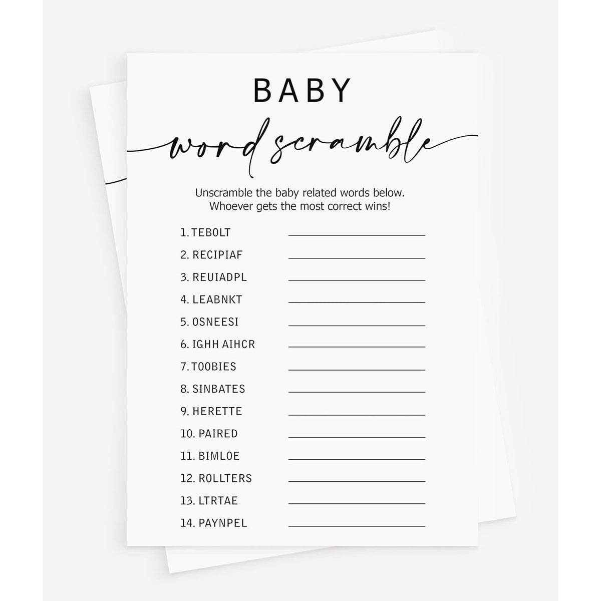 50 Baby Shower Word Scramble Game (50-Cards) Fun Baby Shower Game Activity, Gender Neutral Boy Or Girl, Minimalist
