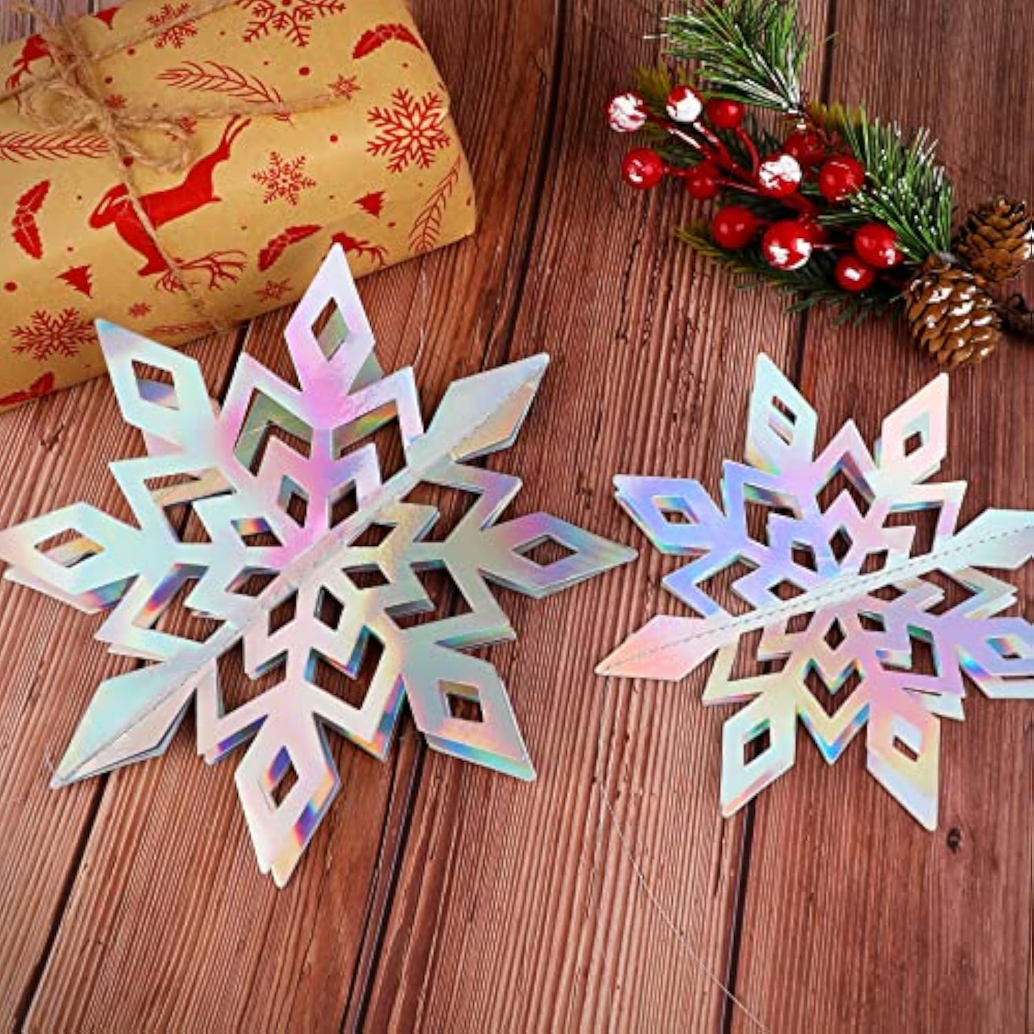 15 Pcs 3D Hanging Snowflake Decorations – Holographic Silver Garland for Frozen & Winter Wonderland Parties