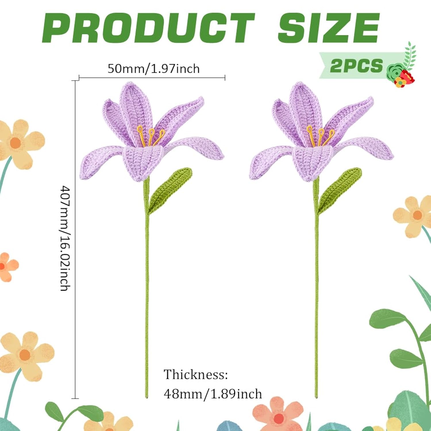2 Pcs Handmade Crochet Artificial Lily Flowers – Lilac Knitted Cotton Flowers Bouquet With Iron Wire Stems For Home, Wedding & Party Decorations