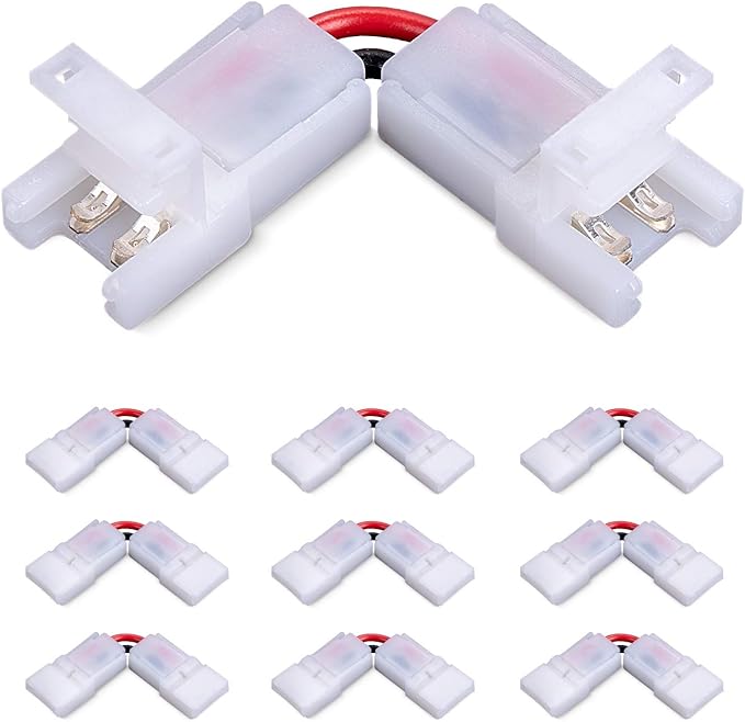 2 Pin 8mm L Shape LED Strip Light Connectors 90 Degree Solderless Corner Clips for 12V 24V Tape Lights 10 Pack