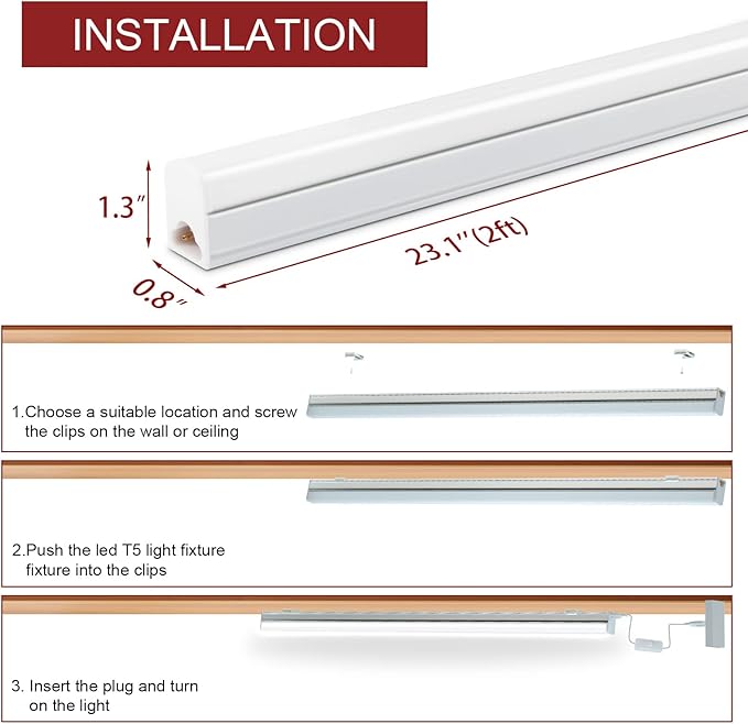 8 Pack 2FT LED Shop Light Fixtures 10W 1100LM 6500K Linkable T5 Tube Strip Lights with Switch