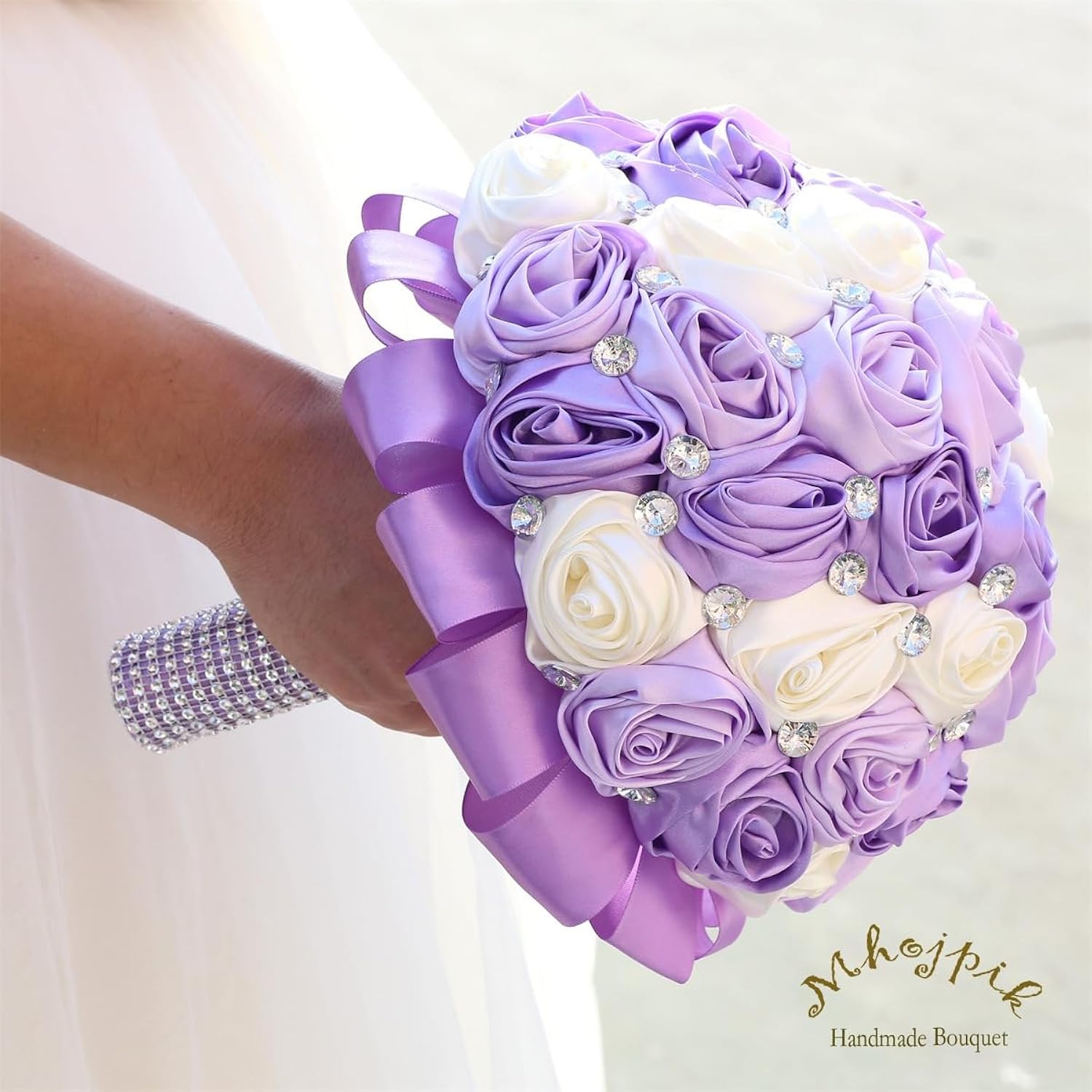 6.3" Lavender, Lilac & Ivory Bridal Wedding Bouquet Round Holding Bouquet Throw Toss Artificial Rose Flower Bunch For Bride Bridesmaid Wedding Quinceanera