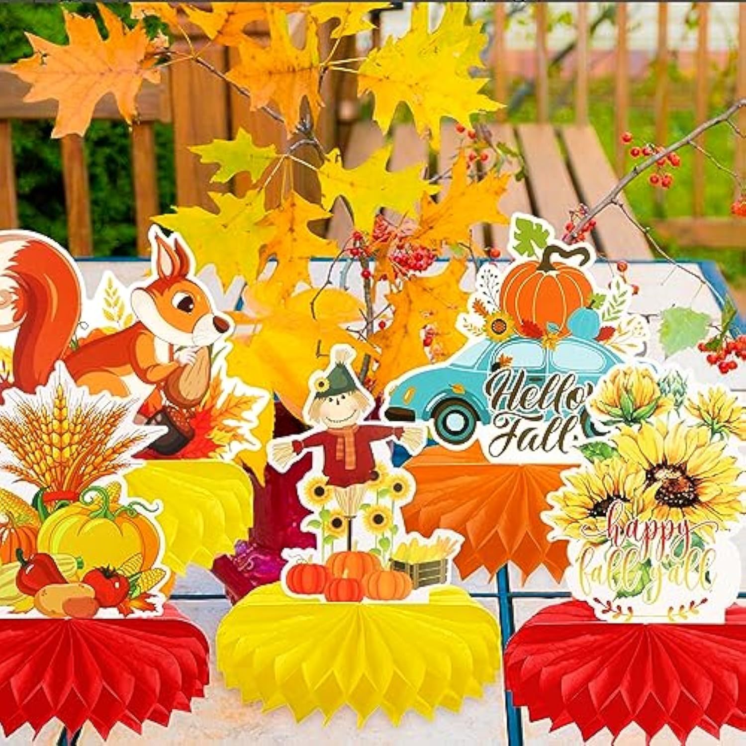 9 Pcs Hello Fall Party Decorations Pumpkin Honeycomb Centerpiece,Happy