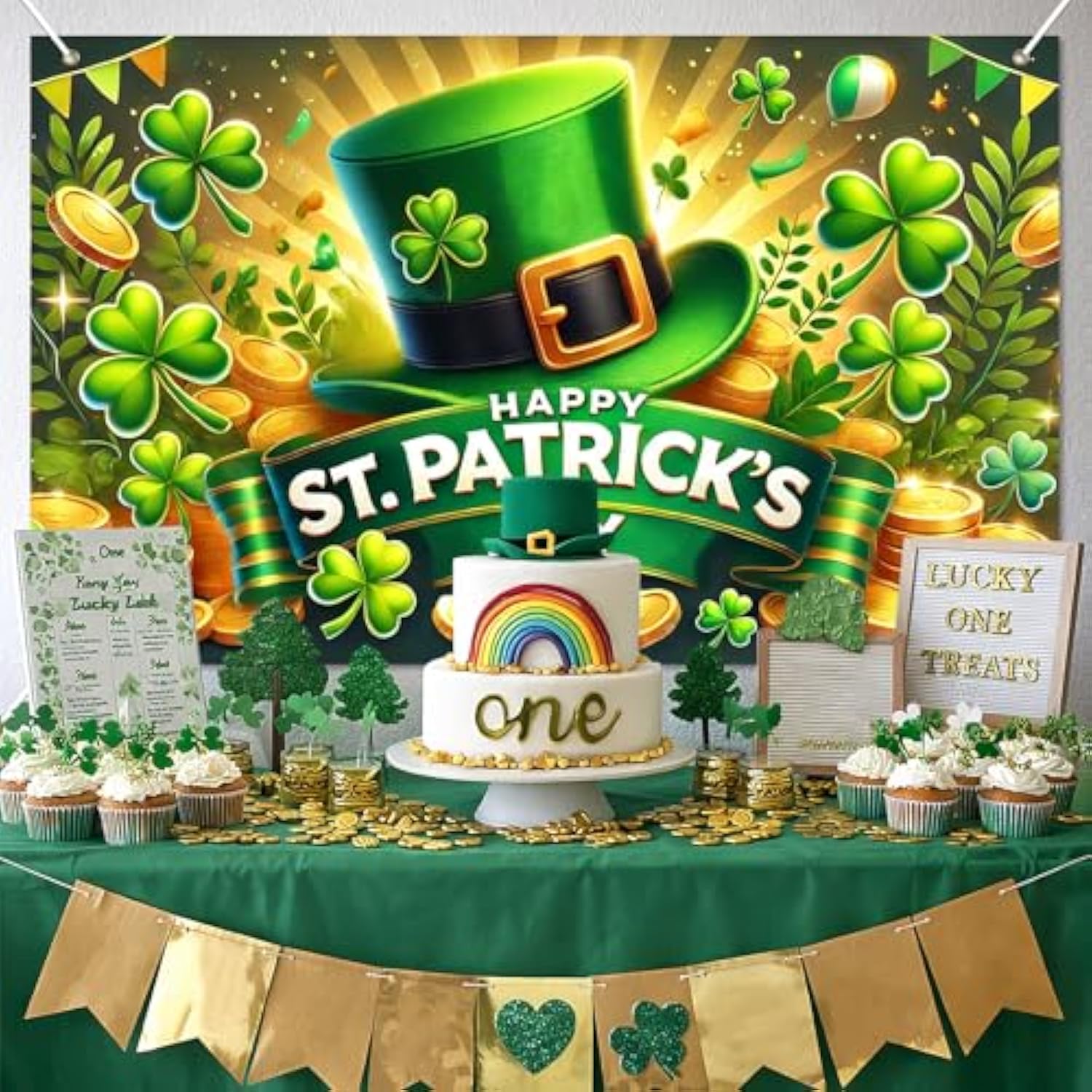 St. Patrick'S Day Banner 71X43 Inch Green Party Banner Backdrop With Clover Hat Gold Coins Happy St. Patrick'S Day Text For Holiday Party Decoration Photo Background Wall Hanging
