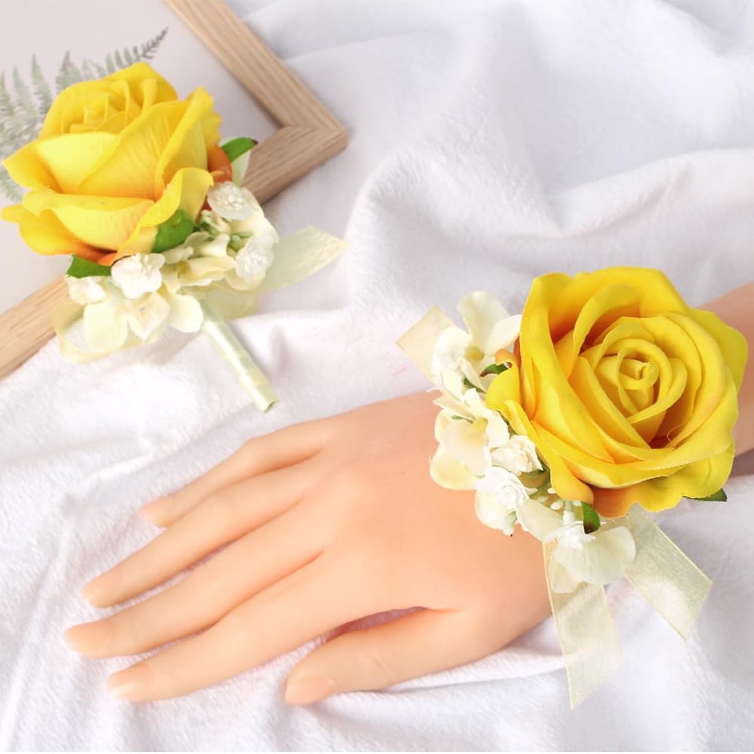 Yellow Rose Corsage Wristlet And Boutonniere Set Wrist Corsage For Wedding Artificial Flowers Party Groom Decoration