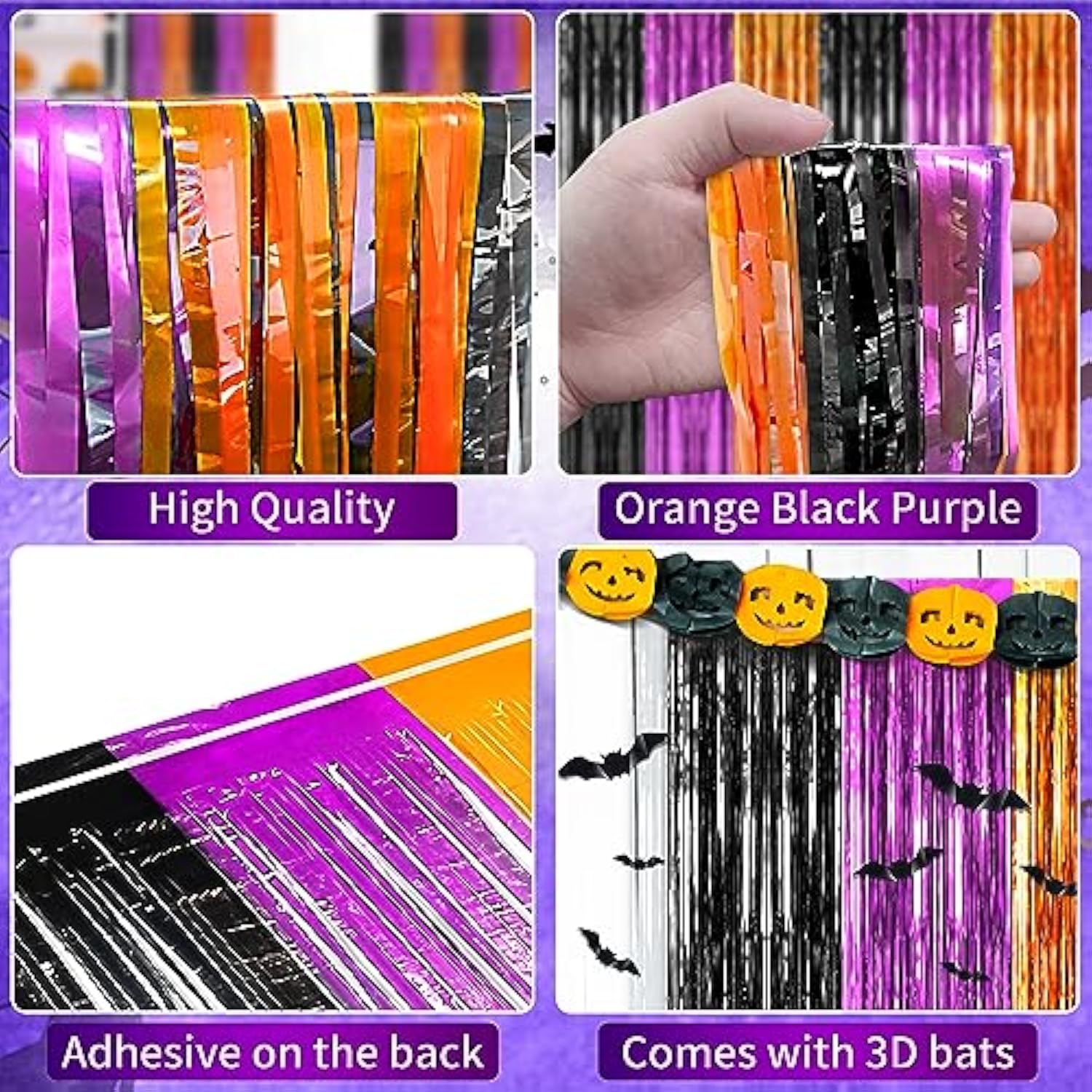3 Pack Halloween Foil Fringe Curtains 3.3x6.6ft Backdrop with 16 Bat Decorations