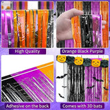 3 Pack Halloween Foil Fringe Curtains 3.3x6.6ft Backdrop with 16 Bat Decorations