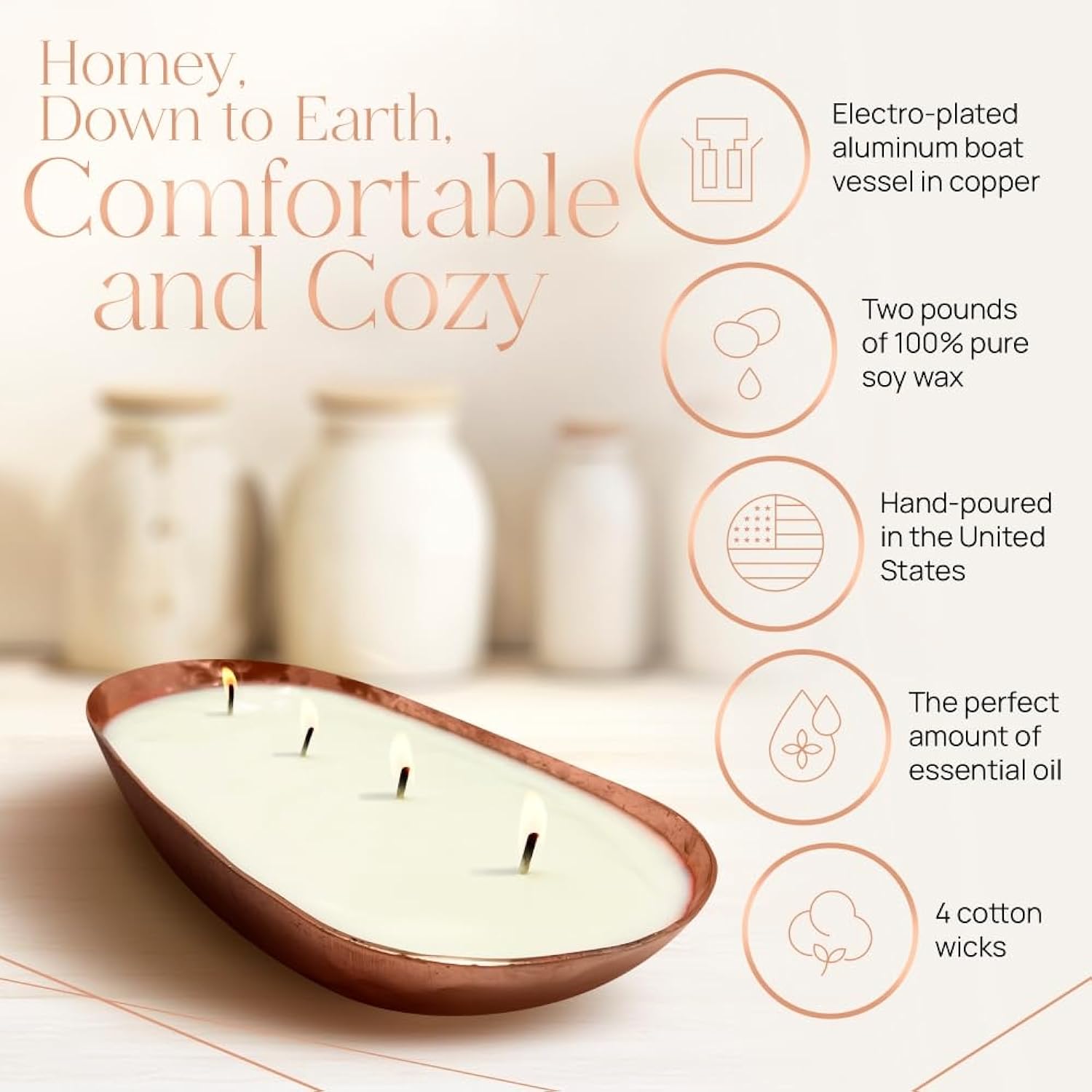 Dough Bowl Candle Co. Luxury Candle - Scented Luxury Candles For Home, 12X5X2 Inch Vessel For Women And Men, Fancy 4 Wick For All Occasions (Copper, Gardenia Tuberose)