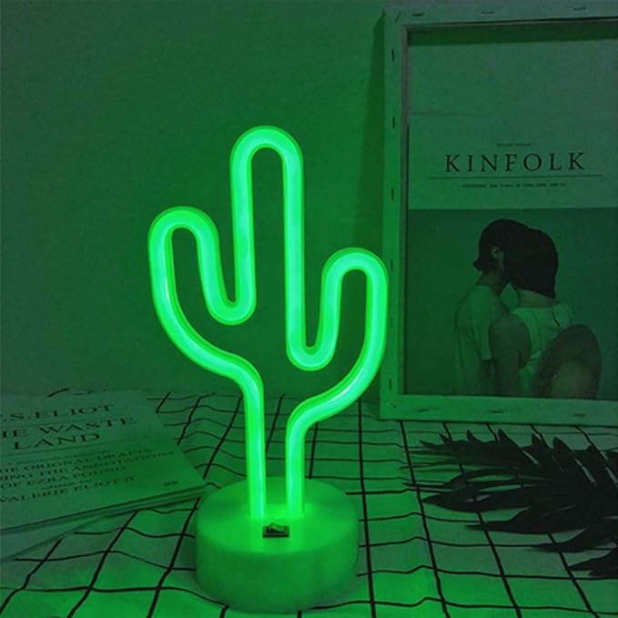 LED Cactus Neon Sign Table Lamp USB Battery Powered Night Light with Stand for Kids Room Dorm Party Decor