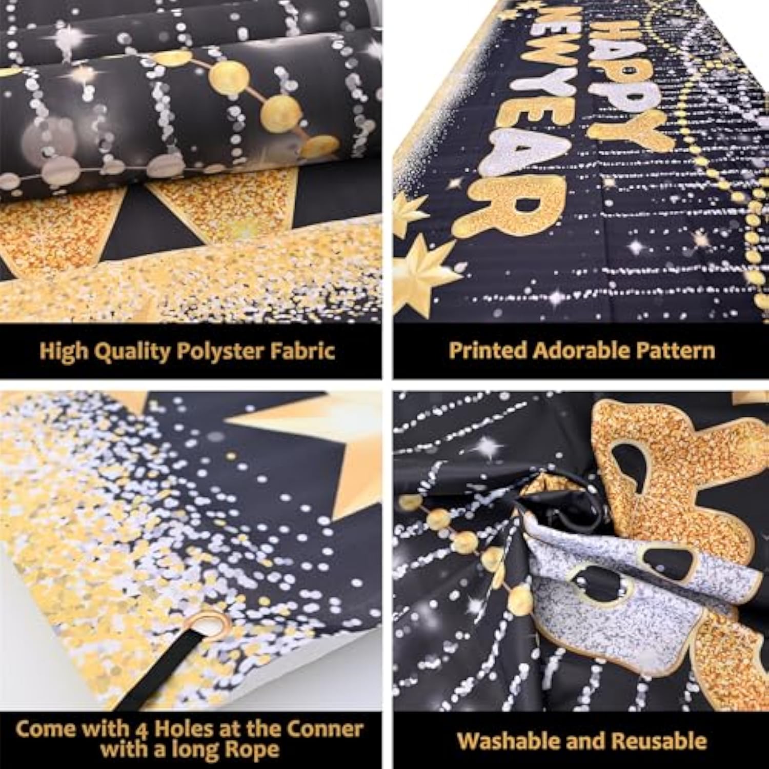 44pcs New Year 2026 Decorations Gold Black Balloons Banner Party Set