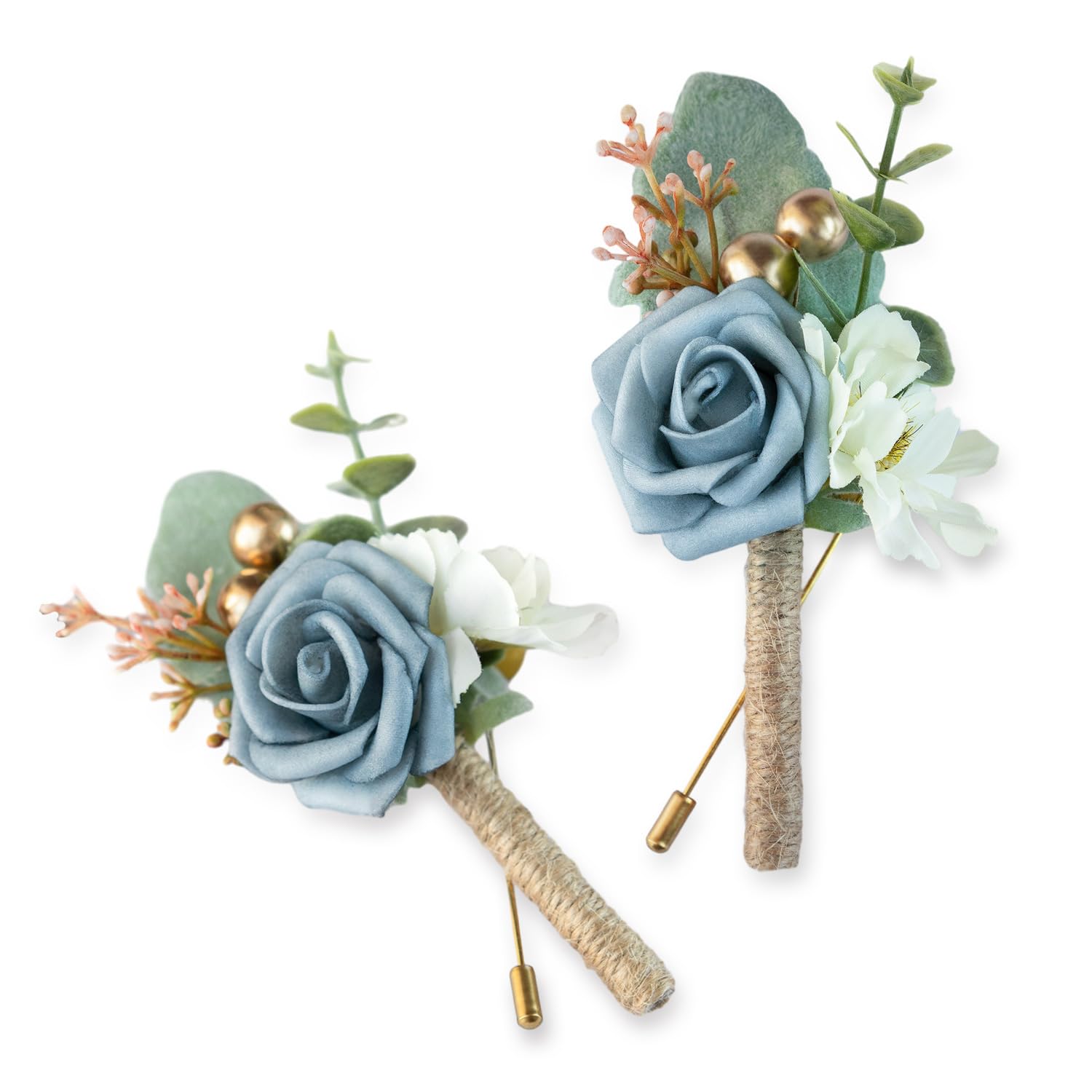 Boutonniere For Men Wedding, Groom Groomsman Artificial Rose Flowers For Wedding Anniversary Celebration,Prom,Party,Home Decoration Set Of 2 (Dusty Blue)