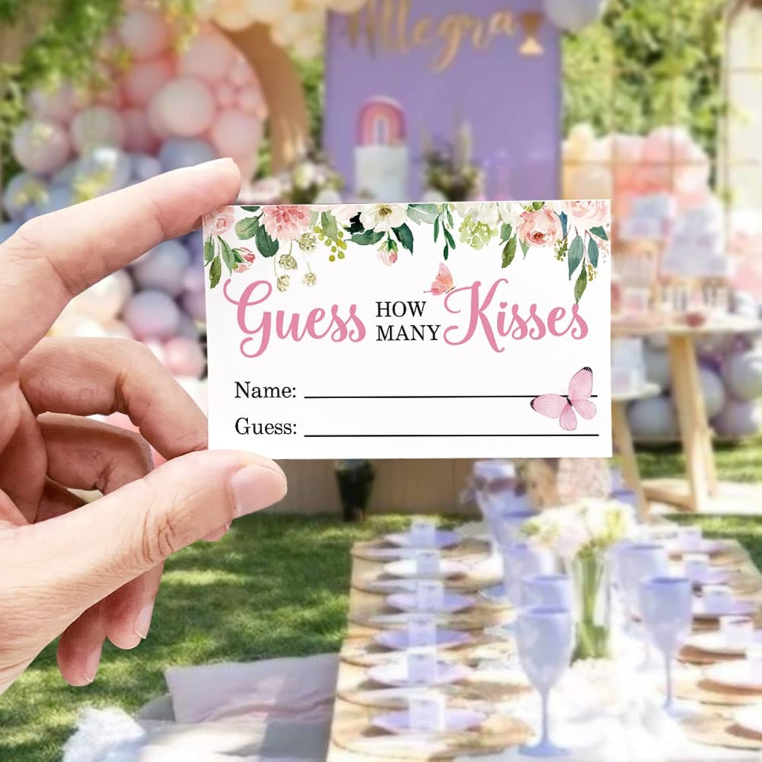 How Many Kisses Baby Shower Party Game Cards, Floral Butterfly Kisses Guessing Baby Showers Party Raffle Ticket, Bridal Shower Party Decorations Game Cards Kit (1 Standing Sign + 50 Guessing Cards)