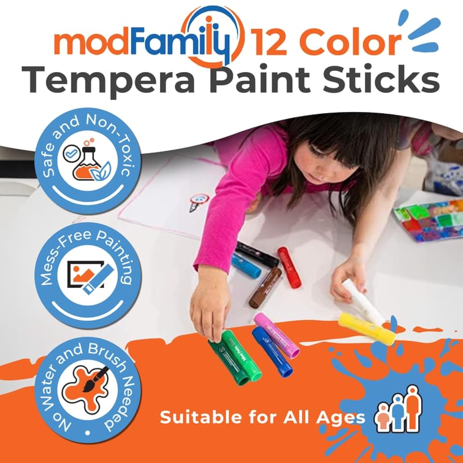 Mod Paint Sticks, 12 Pcs Washable Solid Tempera Paint For Kids, Non-Toxic Washable Quick Drying Markers For Kids By Modfamily