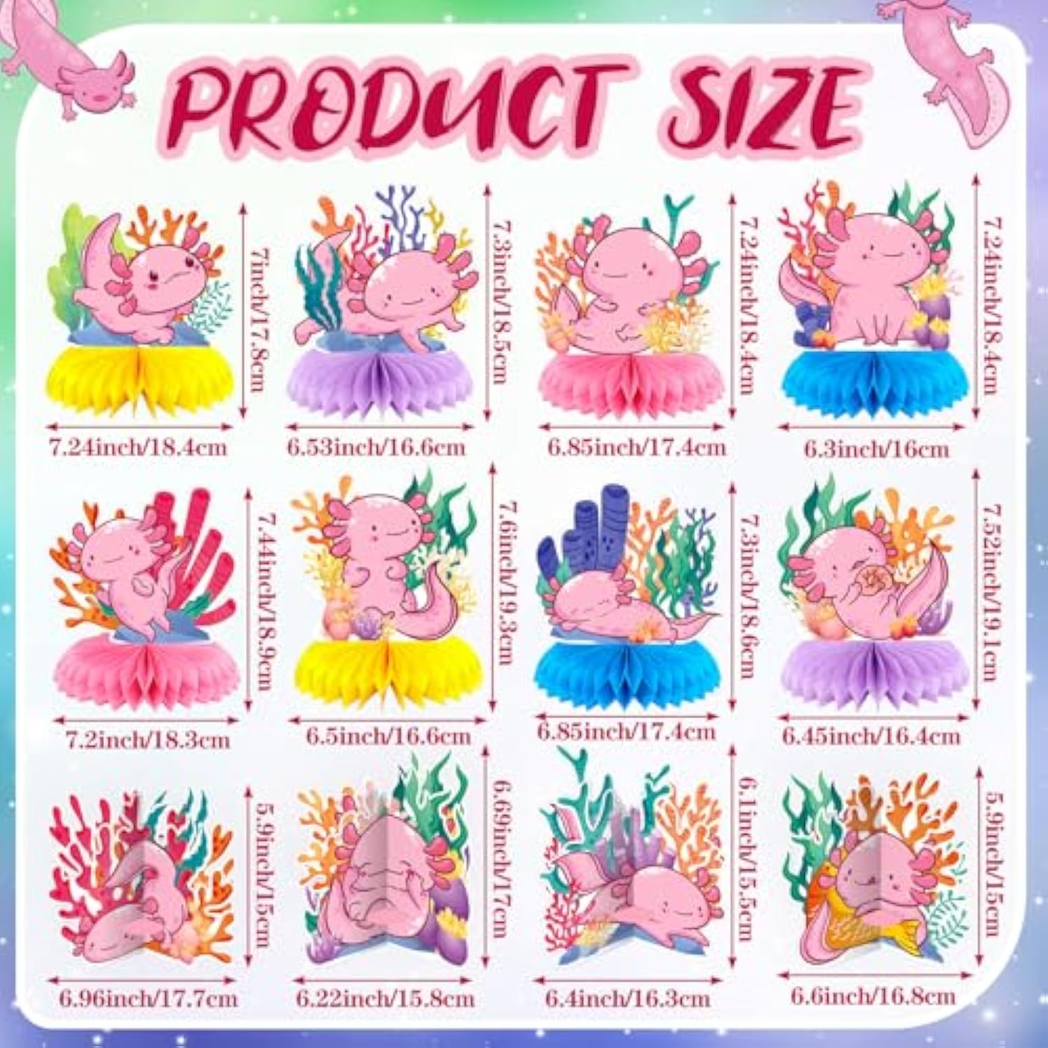 12 Pcs Axolotl Birthday Party Decorations Axolotl Honeycomb Centerpieces Table Decoration 3D Double Side Cute Table Topper For Axolotl Backdrop Party Favor