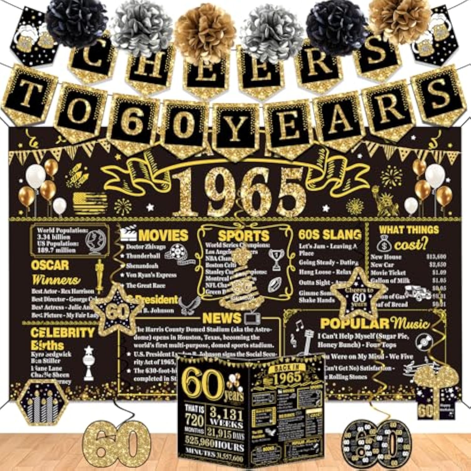 60Th Birthday Decorations For Men Women,16Pcs Back In 1965 Party Banner Decorations,Including Vintage 1965 Backdrop,Cheers To 60 Years Banner,7 Hanging Swirl,1965 Poster Anniversary Card,6 Paper Poms