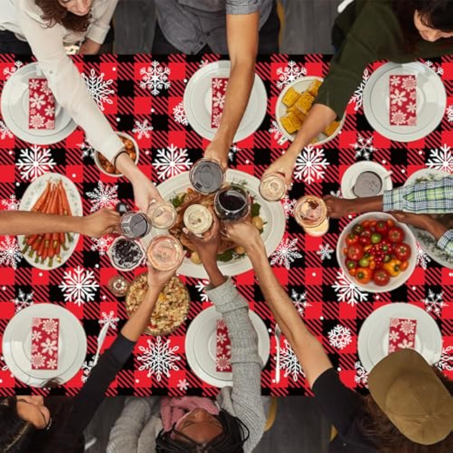 3Pcs Red And Black Buffalo Plaid Merry Christmas Party Tablecloth Decorations Supplies, Plastic White Snowflake Buffalo Plaid Sign Table Cover For Christmas Winter Holiday Indoor Outdoor Party